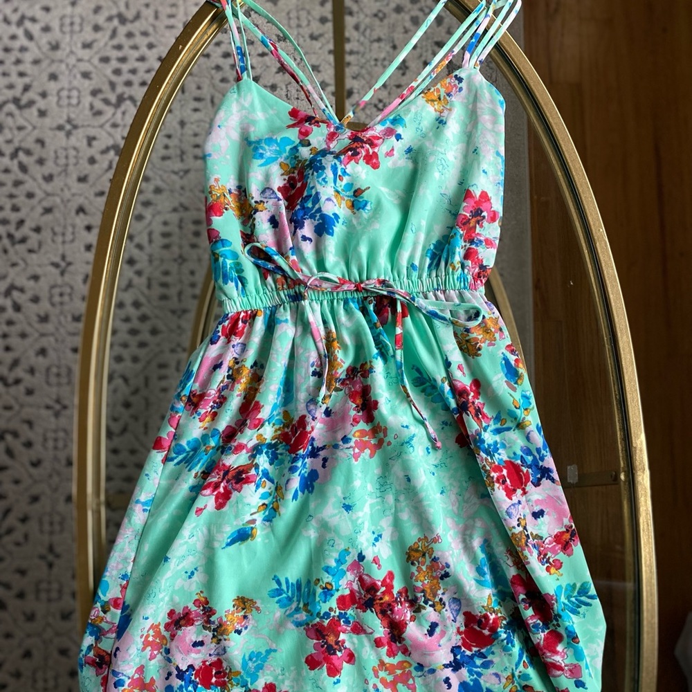 Spring & Summer Floral High Low Dress with Sinch waist and cross back straps